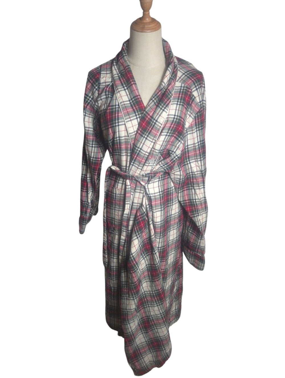 Ralph Lauren Plaid Shawl Collar Tie-Waist Robe Green And Red With Monogram
